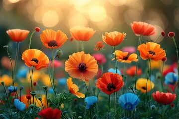 A field of flowers with a mix of colors including orange, blue, and red