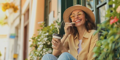 Fototapeta premium A stylish woman sits on outdoor steps, enjoying coffee, with a blurred face and hat, conveying leisure and style