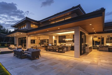Luxury Home Outside. Modern Exterior Design with Large Covered Patio and Outdoor Kitchen at Night