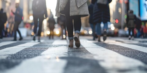 Fototapeta premium A person's feet walking on a crosswalk in a busy city street, suggesting urban life and movement