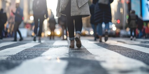 A person's feet walking on a crosswalk in a busy city street, suggesting urban life and movement