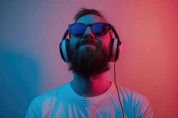 Neon portrait of man in headphones and sunglasses listening to music.