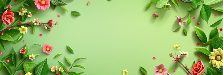 Spring Promotion. Creative Advertising Banner Design with Botanical Decor on Green Background