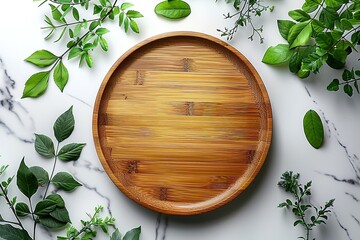 A wooden plate with a green leaf on it