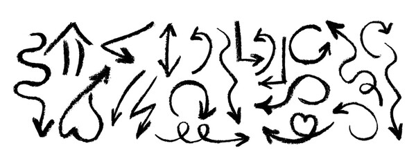 Collection of arrows. One-stroke drawing. Hand-drawn by brush. Straight, round, thick, thin, spiral signs and icons.