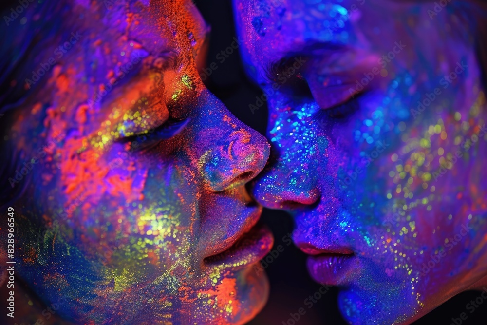 Poster Fluorescent powder painting of lovers portrait.