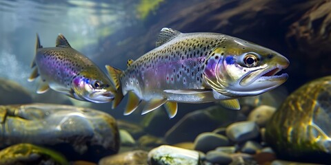 Fototapeta premium Underwater Closeup of Two Trout Swimming in a Mountain River. Concept Underwater Photography, Aquatic Wildlife, Trout Closeup, Mountain River Scenery