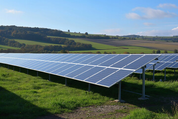 A large solar farm with rows of solar panels stretching across a vast field, aligned perfectly to capture the sun's energy. Background includes rolling hills and clear sky