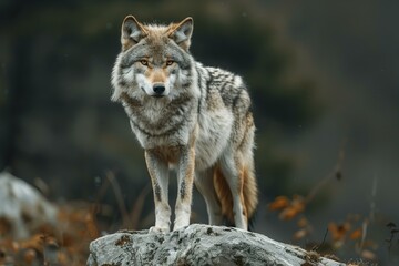 Illustration of  wolf standing on top of rock in dark forest, high quality, high resolution