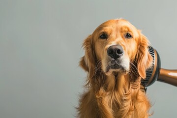 Obraz premium Groom Dog. Professional Groomer Blow Drying Golden Retriever for Clean and Healthy Fur