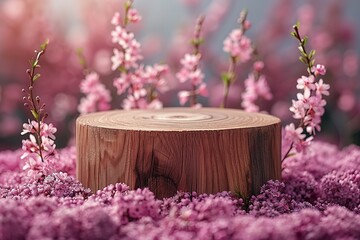 A wooden stump sits in a field of pink flowers - Powered by Adobe