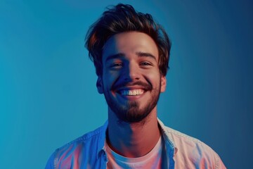 Obraz premium Caucasian mans portrait in neon light expressing emotions.