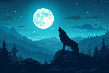 Featuring a silhouette of a wolf howling at the full moon, high quality, high resolution