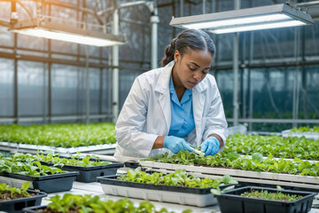 African American woman botany engineer in a white lab coat is tending to a row of plants in a greenhouse. Expert biologist quality inspection in green house plantation