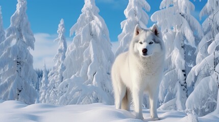 Obraz premium Majestic Siberian Husky in Snowy Forest - Serene Winter Portrait of Blue-Eyed Dog Amidst Trees and Sky