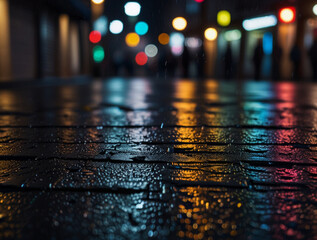 bokeh photography of lighting reflection after the rain in the night city street