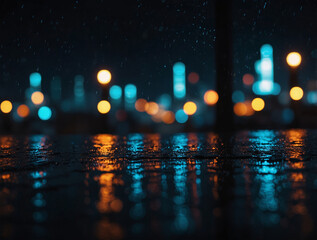 bokeh photography of lighting reflection after the rain in the night city street