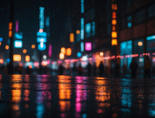 bokeh photography of lighting reflection after the rain in the night city street