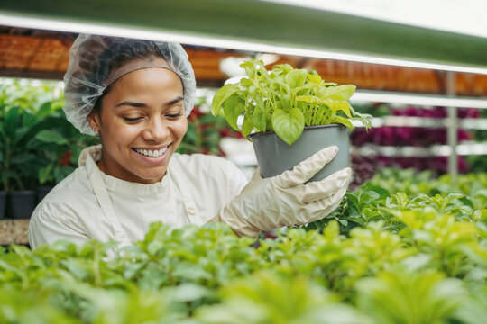 African American woman greenhouse worker in cap and gloves standing at vertical farm and potting plants. Concept of agriculture hydroponics and growing organic plant