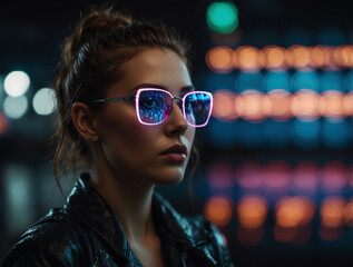 portrait of a woman in sunglasses with lighting bokeh background