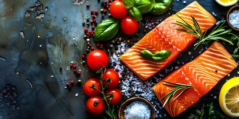 Naklejka premium Salmon Fillet: A Popular Seafood Choice with a Rich Background. Concept Salmon Fillet, Seafood History, Sushi Delicacy, Fish Farming, Nutritional Benefits