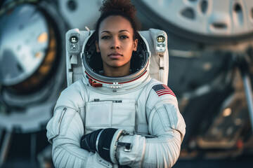 Confident astronaut with spacecraft in background. Generative AI image