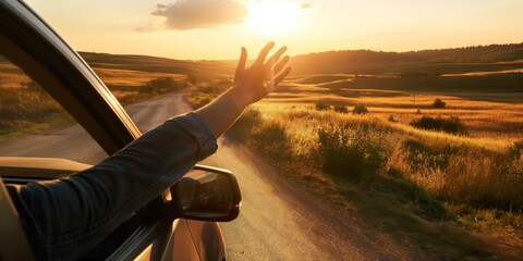 A person's hand waving from a car window during sunset on a scenic drive