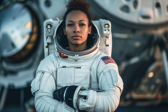 Confident astronaut with spacecraft in background. Generative AI image