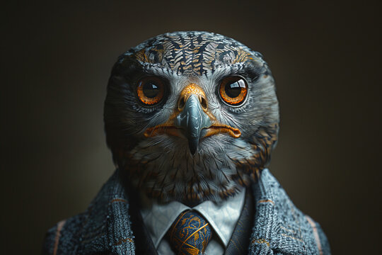 Sophisticated bird with suit and tie on dark background. Generative AI image