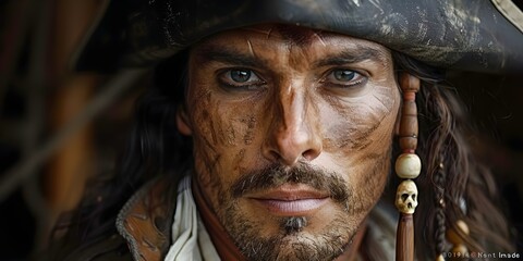 Piratethemed man in costume poses against nautical backdrop ready for adventure centered copy space selective focus. Concept Pirate Adventure, Nautical Backdrop, Costume Poses, Copy Space