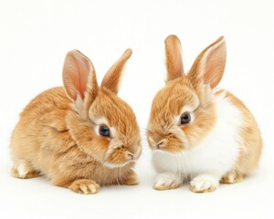 Baby Rabbits. Two Small Red Fluffy Bunnies in a Village Setting