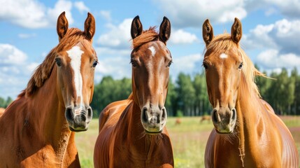 Horse Head. Group of Young Horses on Summer Pasture with Red Sky Background
