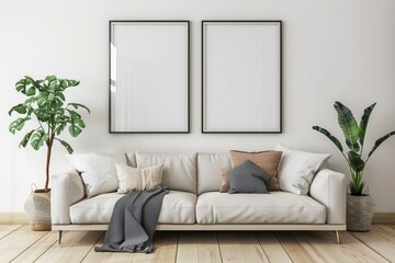 Living Room With Frame. Interior Design Concept with Framed Picture in Cozy Minimalist Home