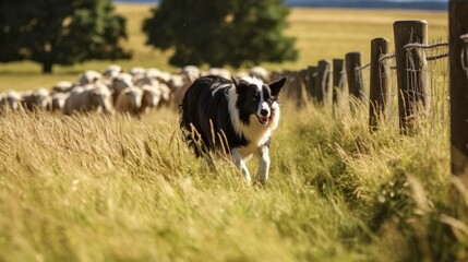 Energetic Border Collie Herding Sheep in Sunlit Grass Field with Rolling Hills and Wooden Fence