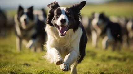 Agile Border Collie Herding Sheep in Grassy Field under Sunlight