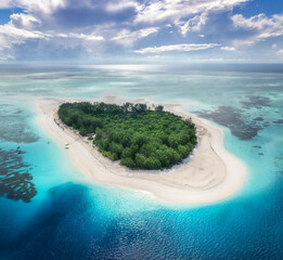 Aerial view of blue sea and amazing Mnemba island, Zanzibar. Top view of white sandy beach, green...