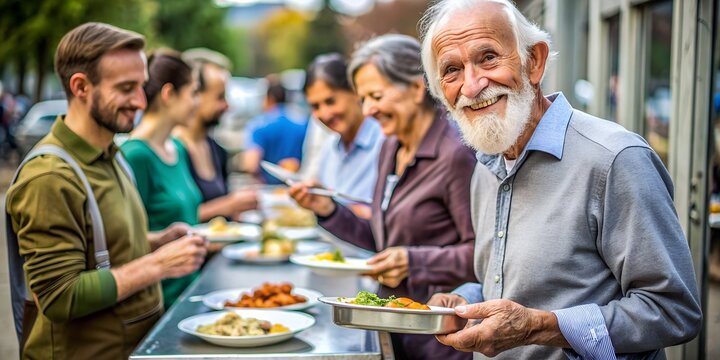 A cheerful old gray-haired poor man at a free food distribution.