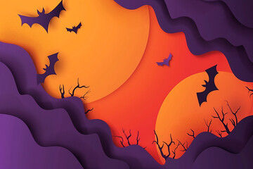 Happy Halloween banner or poster, papercut background in purple orange colors with bats. Full moon in orange sky, purpke wavy forest and trees, and flying bats. Halloween wallpaper in paper cut style.