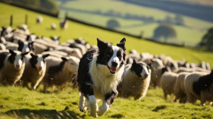 Energetic Border Collie Herding Sheep: Agile Dog in Action on Grassy Field