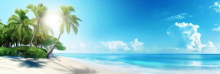Wide panoramic view of a tropical beach with palm trees, white sand, and a clear blue sky, ideal for travel and vacation concepts