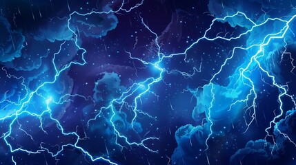 Cartoon blue lightning thunder and storm thunderbolt strike. Vector thunderstorm bolts. Cartoon electric flash effects and lightning sparks background with energy charge or anime magic blast explosion