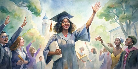 Fototapeta premium A black female student rejoices after receiving her diploma.