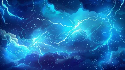 Cartoon blue lightning thunder. Storm thunderbolts strike, shock or discharge, thunderstorm and stormy weather vector background with lightning from sky