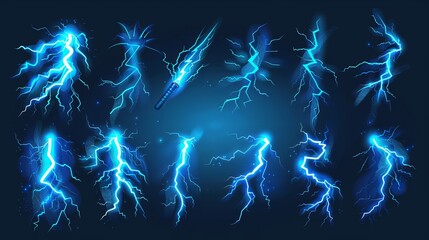 Animated cartoon lightning sprite. Blue vector thunderbolts strike in a sequence of frames for a visual effects animation sheet. Depicting an electric thunder impact at night