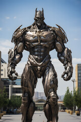 Big bronze statue of a superhero, bronze statue, super hero statue in the city, metal statue