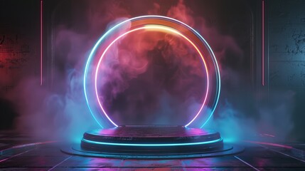 Circle portal, teleport, and hologram gadget. Features a blank display, stage, or magic portal, and a podium for showcasing products in a futuristic cyberpunk style