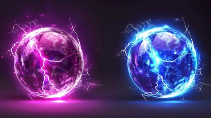 Spherical electrical phenomena, circular lightning in blue and purple, and magical energy surges. Plasmic orbs, potent isolated electrical discharges, radiant brilliance, realistic 3D vector depiction