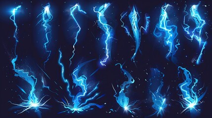 Elements of flash thunderbolts. Light charges and thunder hits in blue and white colors. Electrical power and bright energy effects, showcased in a racy vector collection