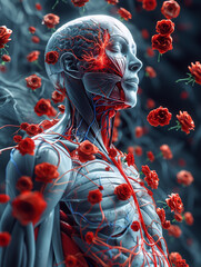 Illustration of a human figure showing muscles and blood vessels surrounded by red roses, created by artificial intelligence
