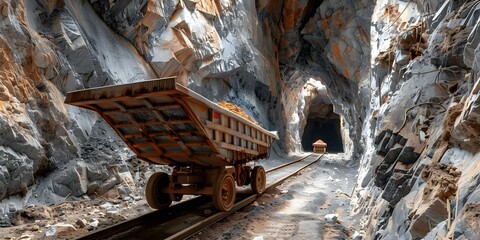 Fototapeta premium The Importance of a Cart in a Gold Mine for Transporting Ore. Concept Gold Mining, Transportation, Cart Usage, Ore Handling, Mining Equipment